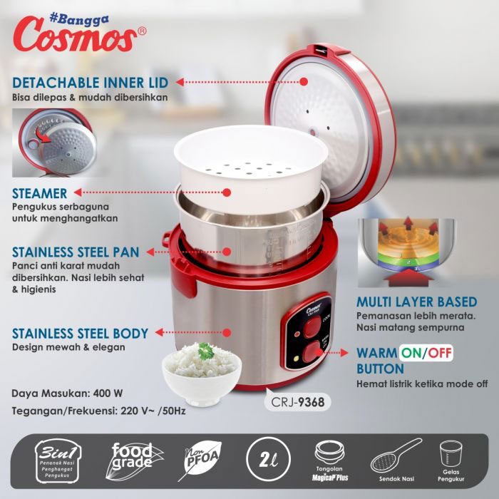 Cosmos Rice Cooker Stainless 3in1 Merah 2 L - CRJ-9368 | CRJ9368
